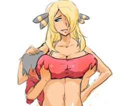 Rule 34 | 1boy, 1girl, age difference, blonde hair, blush, grabbing another&#039;s breast, breast lift, breasts, creatures (company), cynthia (pokemon), game freak, grabbing, hair over one eye, hetero, large breasts, navel, nintendo, nishikun, open mouth, pokemon, skindentation