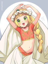 Rule 34 | 1girl, :d, arms up, blonde hair, blunt bangs, braid, braided ponytail, commentary request, cosplay, creatures (company), cropped shirt, eyelashes, game freak, gem, green eyes, green gemstone, heart, heart print, highres, kinocopro, lillie (pokemon), long hair, looking at viewer, may (pokemon) (cosplay), midriff, navel, nintendo, open mouth, orange shirt, own hands together, pokemon, pokemon (anime), pokemon dppt (anime), pokemon sm (anime), shirt, short sleeves, skirt, smile, solo, twitter username, watermark