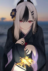 Rule 34 | 1girl, absurdres, black hair, black kimono, blue archive, blurry, blurry background, blush, bright pupils, demon horns, earclip, earrings, fingernails, fireworks, flower, grey hair, hair flower, hair ornament, halo, highres, holding, holding fireworks, horns, japanese clothes, jewelry, kayoko (blue archive), kayoko (new year) (blue archive), kimono, looking at viewer, multicolored hair, nail polish, official alternate costume, outdoors, red eyes, smile, solo, sparkler, squatting, streaked hair, stud earrings, suzukano pon