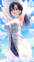 Rule 34 | 1girl, :d, armpits, arms behind head, arms up, bare arms, bare shoulders, black hair, blue one-piece swimsuit, blue sky, breasts, brown eyes, choker, cloud, cloudy sky, day, dress, earrings, hair between eyes, hat, highres, jewelry, kfr, large breasts, long hair, looking at viewer, one-piece swimsuit, open mouth, original, outdoors, see-through, sky, sleeveless, sleeveless dress, smile, solo, standing, sun hat, swimsuit, thighs, wading, water, wet, white choker, white dress, white hat