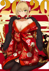 Rule 34 | 1girl, 2020, ahoge, akatsuki ikki, bare shoulders, black thighhighs, blonde hair, breasts, choker, cleavage, closed mouth, collarbone, fate/extra, fate (series), feather boa, floral print, flower, green eyes, hair between eyes, hair flower, hair intakes, hair ornament, hair ribbon, japanese clothes, kimono, large breasts, long hair, long sleeves, looking at viewer, nero claudius (fate), nero claudius (fate) (all), nero claudius (fate/extra), off shoulder, one eye closed, red kimono, red ribbon, ribbon, sash, sitting, smile, solo, thighhighs, wariza, wide sleeves
