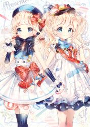 Rule 34 | 2girls, :d, bad id, bad pixiv id, badge, bead bracelet, beads, blonde hair, blue bow, blue bowtie, blue eyes, blue thighhighs, blunt bangs, blush, bow, bowtie, bracelet, button badge, buttons, calendar (object), clover, double-breasted, dress, floral print, frills, gloves, gomzi, hair bobbles, hair bow, hair ornament, hat, jewelry, long hair, low twintails, multiple girls, open mouth, original, paw print, pencil, personification, polka dot, red bow, sleeveless, sleeveless dress, smile, star (symbol), striped bow, striped bowtie, striped clothes, striped legwear, striped neckwear, symmetrical hand pose, thighhighs, transparent, turtleneck, twintails, underbust, vertical-striped legwear, white bow, white gloves