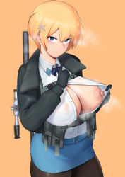 Rule 34 | 1girl, ammunition pouch, belt buckle, black gloves, black jacket, black pantyhose, blonde hair, blue eyes, blue neckwear, blue ribbon, blue skirt, blush, breasts, buckle, cleavage, clothes pull, covered erect nipples, cowboy shot, girls&#039; frontline, gloves, gun, hair ornament, harness, highres, jacket, large breasts, looking at viewer, miniskirt, moebell, mole, mole under eye, nipples, no bra, open clothes, open shirt, pantyhose, pencil skirt, pouch, puffy nipples, quiet pose, ribbon, rifle, scope, shirt, shirt pull, short hair, skirt, smile, snap-fit buckle, sniper rifle, snowflake hair ornament, solo, steaming body, suppressor, sweatdrop, unbuttoned, unbuttoned shirt, vsk-94, vsk-94 (girls&#039; frontline), weapon, white shirt, yellow background