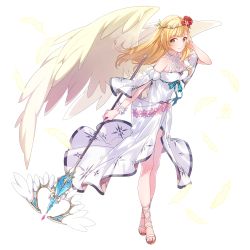 Rule 34 | 1girl, blonde hair, bow, circlet, dress, eris jerand, feathered wings, feathers, flower, full body, hair flower, hair ornament, leaf, long hair, official art, sandals, solo, staff, star ocean, star ocean anamnesis, star ocean first departure, transparent background, wings, yellow eyes