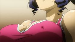 Rule 34 | 10s, 1girl, animated, animated gif, anime screenshot, black hair, breasts, cleavage, covered erect nipples, freezing (series), large breasts, rana linchen, solo, upper body