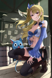 Rule 34 | 1girl, absurdres, barrel, black skirt, black thighhighs, blonde hair, blue bra, blue ribbon, blue sleeves, blue vest, boots, bra, breasts, brown eyes, brown footwear, cat, cleavage, closed mouth, commentary, cropped vest, detached sleeves, english commentary, fairy tail, full body, hair ribbon, happy (fairy tail), highres, holding, holding pen, indoors, kneeling, large breasts, light smile, long hair, looking at viewer, lucy heartfilia, mac star, navel, on one knee, one side up, paper, pen, ribbon, skirt, solo, thighhighs, underwear, vest, whip, wooden floor