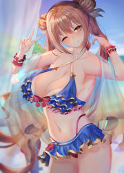 Rule 34 | 1girl, bare shoulders, bikini, blue bikini, blue sky, blush, breasts, brown eyes, cleavage, collarbone, curtains, double bun, grin, hair bun, highres, large breasts, long hair, looking at viewer, mizuha (pixiv56938668), navel, nozomi (princess connect!), nozomi (summer) (princess connect!), one eye closed, orange hair, princess connect!, sky, smile, solo, swimsuit, thighs, twintails