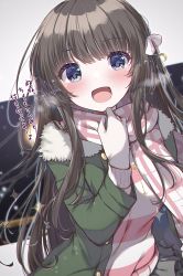 Rule 34 | 1girl, :d, blue eyes, blunt bangs, blush, brown hair, gattengou, gloves, highres, long hair, looking at viewer, open mouth, original, scarf, simple background, smile, solo, sparkle, very long hair, white background, winter clothes