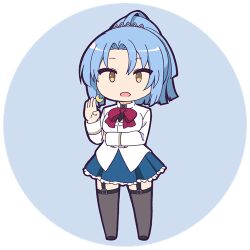 Rule 34 | 1girl, arm under breasts, assault lily, black footwear, black thighhighs, blue background, blue hair, blue skirt, bow, bowtie, chibi, circle, commentary request, crescent, crescent earrings, earrings, frilled skirt, frills, full body, garter straps, hand on own arm, hand up, herensuge girls academy school uniform, high ponytail, jacket, jewelry, long sleeves, looking at viewer, lowres, makino mitake, masaki itsuki, miniskirt, open mouth, parted bangs, pleated skirt, ponytail, red bow, red bowtie, round image, school uniform, shoes, short hair, simple background, single earring, skirt, smile, solo, thighhighs, transparent background, white jacket, yellow eyes, zettai ryouiki