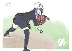 Rule 34 | 1girl, ball, baseball, baseball cap, baseball glove, black gloves, black skirt, black sweater, black thighhighs, boots, commentary request, eyepatch, full body, gloves, grin, hat, kantai collection, pitching, pleated skirt, purple hair, short hair, skirt, smile, solo, sweater, taira yuuki, tenryuu (kancolle), thighhighs, throwing, yellow eyes