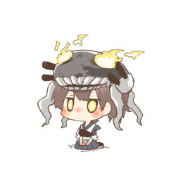 Rule 34 | 1girl, abyssal ship, blush, brown hair, chibi, cosplay, hat, kaga (kancolle), kantai collection, lowres, object on head, rebecca (keinelove), short hair, side ponytail, sitting, solo, wo-class aircraft carrier, wo-class aircraft carrier (cosplay), yellow eyes
