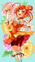 Rule 34 | 1girl, aqua background, ass, back, bike shorts, bike shorts under skirt, choker, cure sunny, floral background, hair bun, highres, hino akane (smile precure!), looking back, magical girl, open mouth, orange choker, orange eyes, orange hair, orange skirt, orange theme, precure, ramune02, red shorts, short hair, shorts, shorts under skirt, single hair bun, skirt, smile, smile precure!, solo, thighhighs, tiara