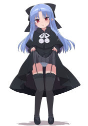 Rule 34 | 1girl, :o, black bow, black capelet, black dress, black footwear, black thighhighs, blue hair, blush, bow, capelet, clothes lift, commission, dress, dress lift, full body, fur collar, fur trim, garter straps, hair bow, half updo, head tilt, large bow, len (tsukihime), lifted by self, long hair, long sleeves, looking at viewer, mary janes, open mouth, panties, parted bangs, pixiv commission, pointy ears, red eyes, shoes, sidelocks, simple background, solo, standing, stroma, thighhighs, tsukihime, underwear, white background, white panties