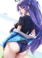 Rule 34 | 1girl, absurdres, ass, black shirt, blue archive, blue eyes, breasts, buruma, commentary request, from behind, halo, highres, jacket, lanyard, long hair, looking back, medium breasts, mouth hold, nekoya (liu), off shoulder, purple hair, shirt, signature, solo, sweat, twitter username, very long hair, yuuka (blue archive), yuuka (track) (blue archive)