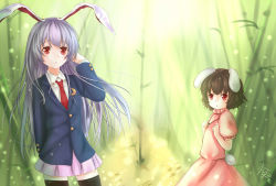 Rule 34 | 2girls, :o, animal ears, bamboo, bamboo forest, black hair, carrot necklace, crescent, dress, forest, frilled sleeves, frills, highres, inaba tewi, jacket, jewelry, light purple hair, long hair, miniskirt, multiple girls, nature, necklace, pendant, pink dress, puffy short sleeves, puffy sleeves, rabbit ears, rabbit girl, rabbit tail, red eyes, reisen udongein inaba, short hair, short sleeves, skirt, suit jacket, tail, thighhighs, touhou, watatsuki dai usagi-ko, zettai ryouiki