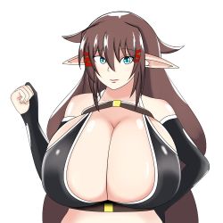 Rule 34 | 1girl, ahrs, blue eyes, breasts, brown hair, elf, gigantic breasts, hair ornament, long hair, original, pointy ears, simple background, solo, white background
