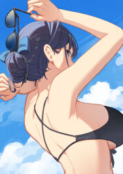 Rule 34 | 1girl, armpits, back, backboob, bare back, bare shoulders, bikini, black bikini, blue eyes, blue hair, blue sky, breasts, chain, chain headband, cloud, day, erezu, from behind, front-tie bikini top, front-tie top, hair bun, highres, holding, holding removed eyewear, hololive, hololive english, large breasts, looking at viewer, looking back, ouro kronii, outdoors, short hair, sky, solo, spaghetti strap, sunglasses, swimsuit, underboob, unworn eyewear, upper body, virtual youtuber
