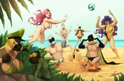 4boys 4girls abs absurdres beach bikini black_cape black_gloves black_mask black_shirt black_slingshot_swimsuit blonde_hair cape day devilhs gloves green_bikini green_hat hat heart heart_print highres leaf long_hair madame_gekko_(devilhs_art) mighty_moth_(devilhs_art) military_hat multiple_boys multiple_girls navel open_clothes open_shirt original outdoors pink_hair plant pointing print_bikini purple_hair sand_castle sand_sculpture shirt slingshot_swimsuit striped_clothes striped_shirt swimsuit two-sided_cape two-sided_fabric two-tone_shirt two-tone_slingshot_swimsuit venus_(devilhs) vertical-striped_clothes vertical-striped_shirt volleyball water white_bikini white_mask yellow_cape yellow_shirt yellow_slingshot_swimsuit