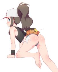 Rule 34 | 1girl, all fours, armpits, ass, bare arms, bare legs, barefoot, baseball cap, bent over, blue eyes, blush, brown hair, closed eyes, creatures (company), feet, game freak, gen 5 pokemon, hat, highres, hilda (pokemon), looking at viewer, maidforge, nintendo, pig, pokemon, pokemon (creature), pokemon bw, ponytail, short shorts, shorts, simple background, sleeping, smile, soles, solo focus, sweatdrop, tepig, toes, vest, white background, wristband