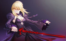 Rule 34 | 1girl, artoria pendragon (fate), ba xiao, black dress, blonde hair, braid, breasts, cleavage, cowboy shot, dark background, detached sleeves, dress, excalibur morgan (fate), fate/grand order, fate/stay night, fate (series), grey background, long sleeves, medium breasts, puffy sleeves, saber (fate), saber alter, sideboob, solo, sword, weapon, yellow eyes