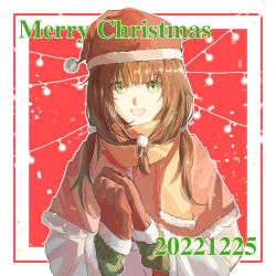 1girl absurdres alternate_costume blunt_bangs border brown_hair capelet casual chinese_commentary christmas christmas_lights commentary_request confetti danganronpa_(series) danganronpa_another dated english_text eyelashes front_ponytail fur-trimmed_capelet fur-trimmed_headwear fur-trimmed_mittens fur-trimmed_scarf fur-trimmed_sleeves fur_trim green_eyes green_sweater hair_ornament hair_over_shoulder hair_ribbon hat highres jacket layered_sleeves long_hair long_sleeves looking_at_viewer low_twintails merry_christmas mittens nijiue_iroha open_mouth outline outside_border own_hands_together pom_pom_(clothes) pom_pom_hair_ornament red_background red_capelet red_hat red_mittens red_scarf ribbon santa_hat scarf setsuna_reed smile solo straight-on super_danganronpa_another_2 sweater teeth twintails upper_body upper_teeth_only white_border white_jacket white_outline white_ribbon winter_clothes