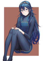 Rule 34 | 1girl, ameno (a meno0), blue eyes, blue hair, blue pants, blue shirt, border, feet out of frame, fire emblem, fire emblem awakening, gold hairband, hair between eyes, hairband, hands on own knees, knees up, long hair, looking at viewer, lucina (fire emblem), nintendo, pants, parted lips, ribbed sweater, shirt, sitting, solo, sweater, tiara, wavy hair, white border