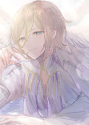Rule 34 | 1boy, angel, angel wings, blonde hair, blue eyes, blush, closed mouth, ensemble stars!, feathered wings, feathers, highres, long sleeves, looking at viewer, male focus, ntec231, purple scarf, scarf, shirt, short hair, smile, solo, tenshouin eichi, white feathers, white shirt, white wings, wings