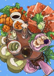 Rule 34 | absurdres, bowl, chicken (food), chopsticks, fish (food), food, food focus, highres, kohaku392, leaf, making-of available, no humans, original, oyakodon (food), roe, sauce, still life, vegetable