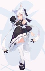 Rule 34 | 1girl, ahoge, animal ear fluff, animal ears, arm behind head, bare shoulders, black bow, black dress, black footwear, bow, breasts, commentary, crossed legs, detached sleeves, dress, full body, hand up, highres, long hair, long sleeves, mishuo (misuo69421), original, puffy long sleeves, puffy sleeves, red eyes, shoes, short eyebrows, solo, standing, symbol-only commentary, thick eyebrows, thighhighs, watson cross, white thighhighs