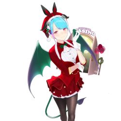 Rule 34 | 1girl, ama mitsuki, arm across waist, ascot, black pantyhose, blue hair, bow, bowtie, breasts, character request, closed mouth, demon girl, demon tail, demon wings, fishnets, gloves, gradient hair, green neckwear, hand up, hat, jacket, multicolored hair, pantyhose, pink hair, red eyes, red jacket, red skirt, santa hat, shirt, short hair, sidelocks, skirt, small breasts, smile, solo, tail, uchi no hime-sama ga ichiban kawaii, white gloves, white shirt, wings, wrist cuffs