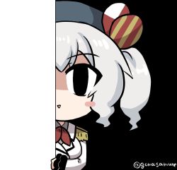 Rule 34 | (o) (o), 1girl, beret, blush stickers, chibi, commentary request, epaulettes, gloves, goma (gomasamune), grey hair, hair between eyes, hat, hat ribbon, highres, kantai collection, kashima (kancolle), long hair, long sleeves, looking at viewer, military, military uniform, ribbon, shaded face, solo, twintails, twitter username, uniform, upper body