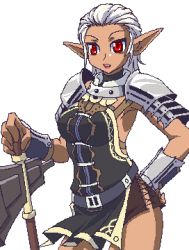 Rule 34 | 00s, 1girl, armor, axe, elf, elvaan, final fantasy, final fantasy xi, hand on own hip, katy (artist), lowres, pointy ears, red eyes, solo, warrior, warrior (final fantasy), weapon, white hair