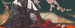 Rule 34 | 1girl, 1other, ambiguous gender, blurry, blurry background, branch, closed mouth, commentary, doll, doll joints, closed eyes, flower, green kimono, hair bun, highres, hina ningyou, hinamatsuri, japanese clothes, joints, kimono, layered clothes, layered kimono, long sleeves, lying, nicporim, on side, original, pink flower, red kimono, single hair bun, sitting, white hair, white kimono