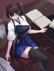 Rule 34 | 1girl, black thighhighs, blue hakama, book, box, breasts, brown hair, cardboard box, closed eyes, commentary request, crossed legs, dated, hair between eyes, hakama, hakama short skirt, hakama skirt, highres, indoors, japanese clothes, kaga (kancolle), kaga kai ni (kancolle), kantai collection, kimono, large breasts, long hair, miniskirt, muneate, odachu, on chair, open book, paper, pleated skirt, printer, short sleeves, side ponytail, signature, sitting, skirt, solo, table, thighhighs, thighs, white kimono, zettai ryouiki