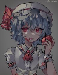 Rule 34 | 1girl, apple, artist name, ascot, blue hair, brooch, buttons, center frills, clip studio paint (medium), cloovrd, collared shirt, commentary, english commentary, food, frilled shirt collar, frills, fruit, grey background, hair between eyes, hat, hat ribbon, highres, holding, holding food, holding fruit, jewelry, looking at viewer, mob cap, nail polish, open mouth, puffy short sleeves, puffy sleeves, red apple, red ascot, red brooch, red eyes, red nails, red ribbon, remilia scarlet, ribbon, shirt, short sleeves, simple background, sleeve bow, sleeve ribbon, solo, teeth, touhou, upper body, white hat, white shirt, wrist cuffs