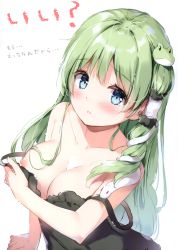 Rule 34 | 1girl, absurdres, bare shoulders, blue eyes, blush, breasts, chemise, collarbone, frog hair ornament, green hair, hair ornament, hair tubes, highres, kochiya sanae, large breasts, long hair, looking at viewer, miyase mahiro, nipples, parted lips, scan, sidelocks, simple background, snake hair ornament, solo, spaghetti strap, strap slip, touhou, translation request, upper body, white background