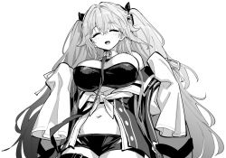 Rule 34 | 1girl, anchorage (azur lane), azur lane, azur lane: slow ahead, breasts, cleavage, closed eyes, from below, greyscale, hori (hori no su), large breasts, long hair, long sleeves, looking at viewer, micro shorts, midriff, monochrome, navel, shorts, solo, very long hair