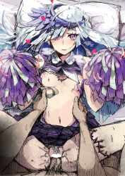 Rule 34 | 1boy, 1girl, blunt ends, blush, bouncing breasts, breasts, breasts apart, breath, brynhildr (cheer for master) (fate), brynhildr (fate), censored, cheerleader, clitoris, colored pubic hair, commentary request, erection, fate (series), furrowed brow, hair over one eye, hair spread out, hands up, hatching (texture), head on pillow, heart, hetero, highres, holding, holding pom poms, long hair, looking at viewer, male pubic hair, navel, nipples, penis, pillow, pom pom (cheerleading), pom poms, pov, pov hands, pubic hair, purple eyes, pussy, sex, sketch, solo focus, torso grab, very long hair, wing collar