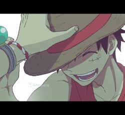 Rule 34 | 2boys, ^ ^, black hair, bracelet, close-up, closed eyes, from above, hand on another&#039;s headwear, hat, highres, jewelry, letterboxed, log pose, maigo0510, male focus, monkey d. luffy, multiple boys, one piece, open mouth, portgas d. ace, scar, scar on face, short hair, smile, straw hat, twitter username