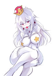 Rule 34 | 1girl, ball gag, bdsm, blush, bondage, bound, breasts, covered erect nipples, crown, curvy, earrings, gag, hair between eyes, highres, jewelry, kyubey, large breasts, long hair, looking at viewer, luigi&#039;s mansion, mario (series), maullarmaullar, navel, new super mario bros. u deluxe, nintendo, pasties, princess king boo, red eyes, restrained, shibari, simple background, sitting, solo, super crown, thighhighs, thighs, white background, white hair, wide hips