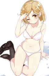 Rule 34 | 10s, 1girl, absurdres, bandaid, bandaid on face, black footwear, black socks, blonde hair, bow, bow bra, bra, collarbone, twirling hair, hamaken. (novelize), highres, kantai collection, kneehighs, loafers, looking at viewer, navel, oboro (kancolle), panties, playing with own hair, shoes, short hair, simple background, single shoe, sitting, socks, solo, underwear, underwear only, white background, white bra, white panties, yellow eyes