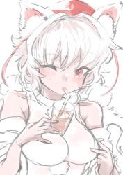 Rule 34 | 1girl, animal ears, between breasts, breasts, cup, drinking, drinking glass, drinking straw, drinking straw in mouth, hat, highres, inubashiri momiji, one eye closed, red eyes, short hair, sketch, solo, tokin hat, touhou, upper body, white hair, wolf ears, yoyoiro (sysi20)