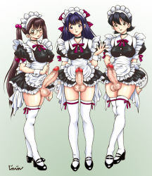 Rule 34 | 3girls, apron, black hair, breasts, brown eyes, brown hair, censored, choker, covered erect nipples, dress, frilled apron, frilled dress, frills, futanari, glasses, hairband, jinjin, long hair, maid, maid headdress, mary janes, medium breasts, mosaic censoring, multiple girls, open mouth, orange eyes, penis, purple eyes, purple hair, shoes, short hair, simple background, smile, standing, testicles, thighhighs, twintails, very long hair, white legwear