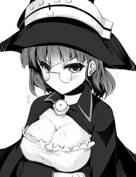 Rule 34 | &gt;:|, 10s, 1girl, :|, ai takurou, annoyed, breast hold, breasts, brooch, cleavage, cloak, closed mouth, eyewear strap, flying sweatdrops, frills, glasses, greyscale, hat, jewelry, kantai collection, large breasts, looking at viewer, monochrome, roma (kancolle), semi-rimless eyewear, short hair, simple background, solo, under-rim eyewear, upper body, v-shaped eyebrows, white background, witch hat