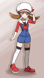 Rule 34 | 1girl, blush, brown eyes, brown hair, closed mouth, commentary, creatures (company), eyelashes, full body, game freak, hand on headwear, hat, highres, knees, long hair, looking at viewer, lyra (pokemon), nintendo, omoitsuka, overalls, pokemon, pokemon hgss, red footwear, red shirt, shiny skin, shirt, shoes, sleeves past elbows, smile, solo, standing, thighhighs, twintails, white hat, white thighhighs