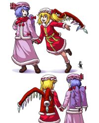 Rule 34 | blonde hair, blue hair, brown footwear, buhbuhbored, dress, flandre scarlet, gloves, highres, non-web source, purple dress, purple headwear, red dress, red eyes, red gloves, red ribbon, red scarf, remilia scarlet, ribbon, scarf, self-upload, short hair, side ponytail, touhou, white background, white headwear, wings, winter clothes