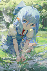 Rule 34 | 1girl, :o, ahoge, alternate hair length, alternate hairstyle, ayaxno, barefoot, blue bow, blue dress, blue eyes, blue hair, blush, bow, cirno, commentary request, day, dress, hair between eyes, highres, ice, ice wings, long hair, looking at viewer, outdoors, pointy ears, sitting, solo, splashing, toes, touhou, very long hair, water, wings, yokozuwari