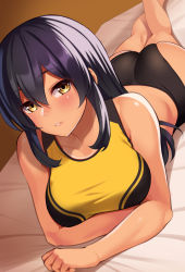 Rule 34 | 1girl, ass, bare arms, bare shoulders, bed sheet, black buruma, blush, breasts, buruma, collarbone, feet out of frame, hair between eyes, huyumitsu, large breasts, long hair, looking at viewer, lying, on bed, on stomach, original, parted lips, purple hair, sidelocks, smile, solo, sports bra, yellow eyes