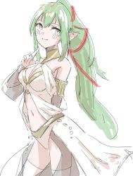 Rule 34 | 1girl, blush, breasts, cosplay, fire emblem, fire emblem: mystery of the emblem, fire emblem awakening, fire emblem fates, fire emblem heroes, green eyes, green hair, hair ornament, hairband, jewelry, long hair, looking at viewer, midriff, navel, nintendo, olivia (fire emblem), olivia (fire emblem) (cosplay), pointy ears, ponytail, simple background, sketch, solo, tiara, tiki (adult) (fire emblem), tiki (fire emblem)