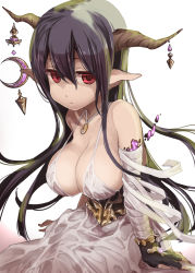 Rule 34 | 10s, 1girl, arm support, bandages, bandaged arm, bandages, black eyes, black hair, breasts, closed mouth, crescent, danua, draph, dress, female focus, fingerless gloves, gem, gloves, granblue fantasy, hair between eyes, highres, horn ornament, horns, jewelry, jitome, large breasts, long hair, looking at viewer, making-of available, pendant, pointy ears, red eyes, simple background, sitting, sleeveless, solo, strap gap, suzune rai, very long hair, white background, white dress